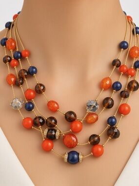 Erica Lyons Multi Strand Beaded Necklace Red Navy Gold Tone Statement Jewelry